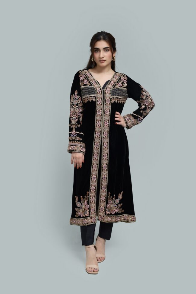 Rang-e-Velvet-Ready to Wear Embellished Open Shirt Dress for Festive & Formal Wear - Image 3