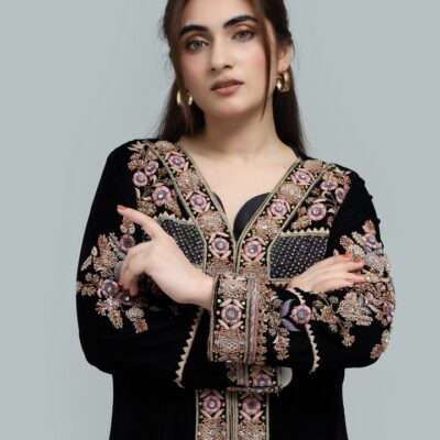 Rang-e-Velvet-Ready to Wear Embellished Open Shirt Dress for Festive & Formal Wear