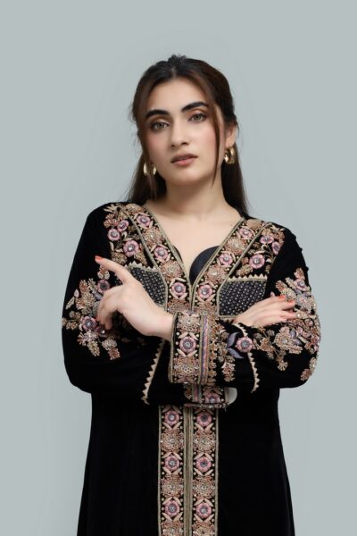 Rang-e-Velvet-Ready to Wear Embellished Open Shirt Dress for Festive & Formal Wear