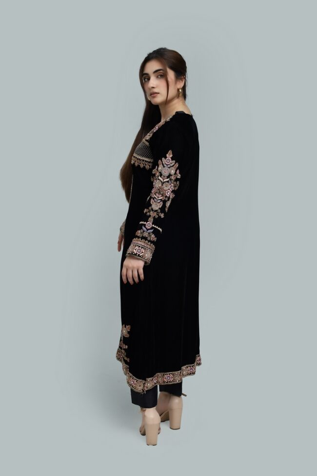 Rang-e-Velvet-Ready to Wear Embellished Open Shirt Dress for Festive & Formal Wear - Image 4